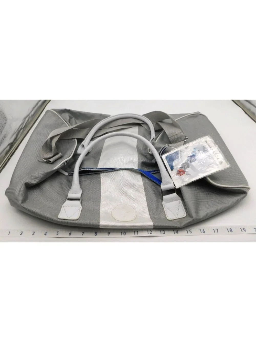 Vince Camuto Weekend Duffel Bag With Tags Gray Stripe Gym Travel Carry On Sport